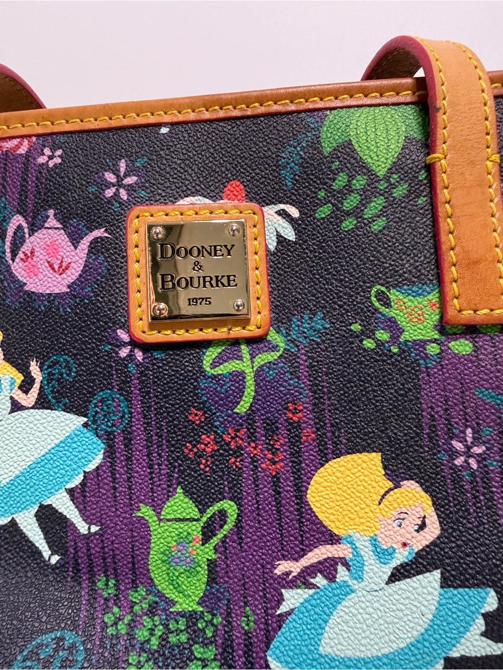 Dooney & Bourke Navy Alice Print Tote with Tan Trim - Picture 3 of 16